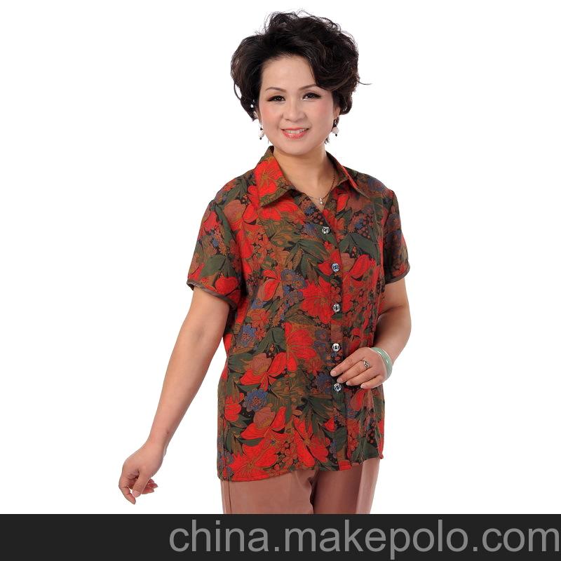 供应中老年服装妈妈装 仿香云纱中老年短袖衬衫加肥加大码 z-013
