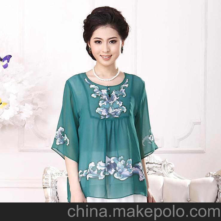 2013夏装新品气质妈妈装加大码真丝上衣中老年服装女桑蚕丝T恤