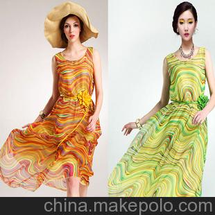 2013夏装新款七彩高纺雪纺背心洋装长裙连衣裙