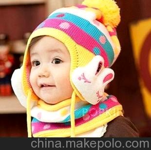 M004厂家直销 儿童帽宝宝帽子兔子护耳帽 +围巾2件套 彩虹帽批发
