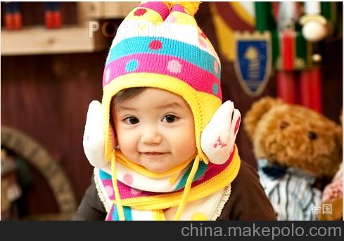 儿童帽子批发韩版宝宝帽子+围巾2件套热卖款彩条圆点公仔小兔6色