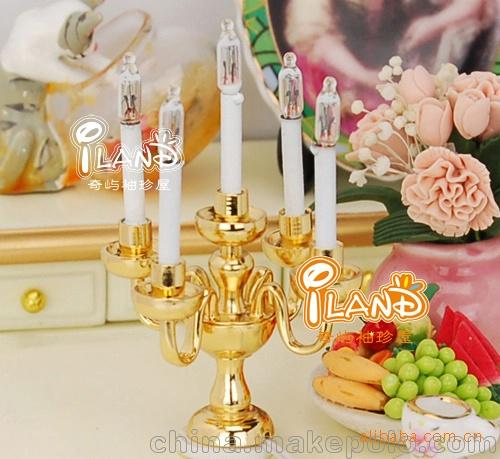 益智玩具1:12娃屋DOLLHOUSE MINIATURE迷你家具配 金色五枝烛台灯